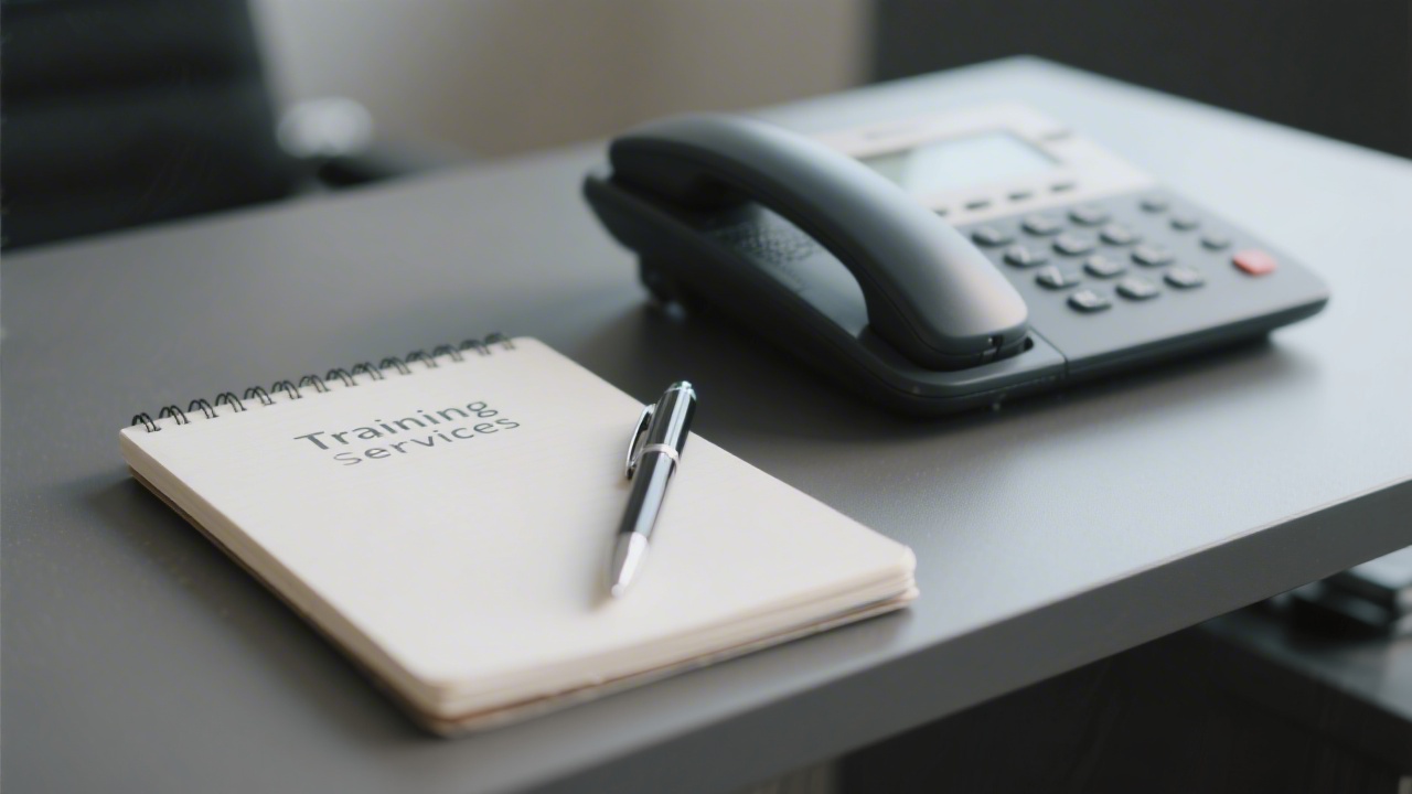 Close-up of a desk with a notebook, pen, and phone ready for business enquiries, illustrating a professional contact point for training services.