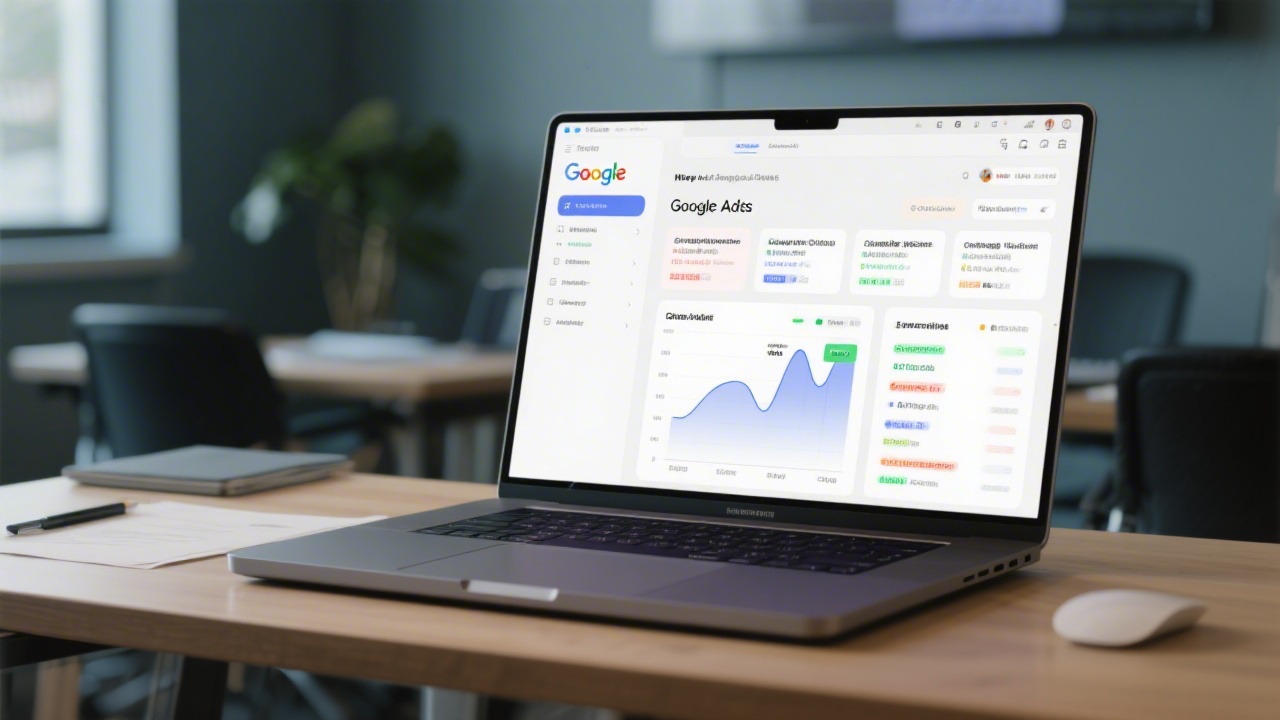 Laptop screen displaying a Google Ads dashboard with search campaign columns, performance charts, and a neat desk setup indicating a professional training environment.