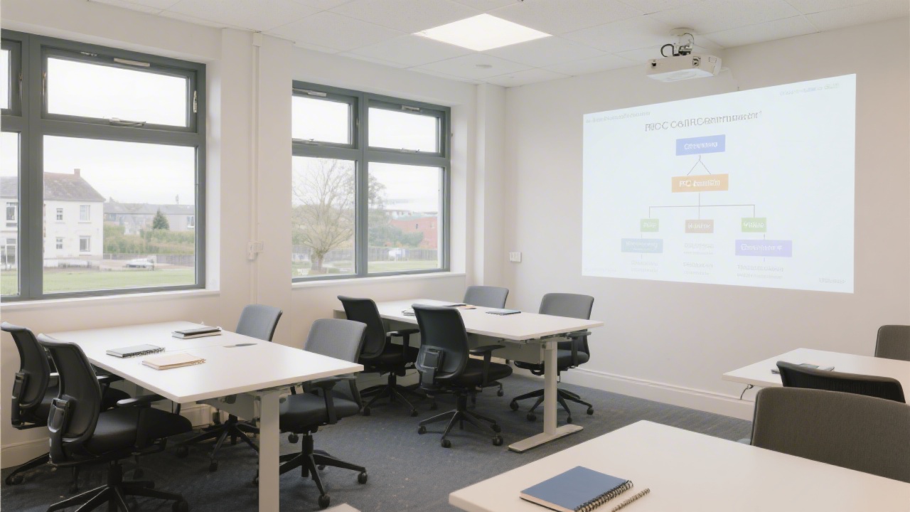 Bright office space in Limerick with large windows, simple desks, notebooks, and a projector screen showing a PPC campaign structure diagram for training.