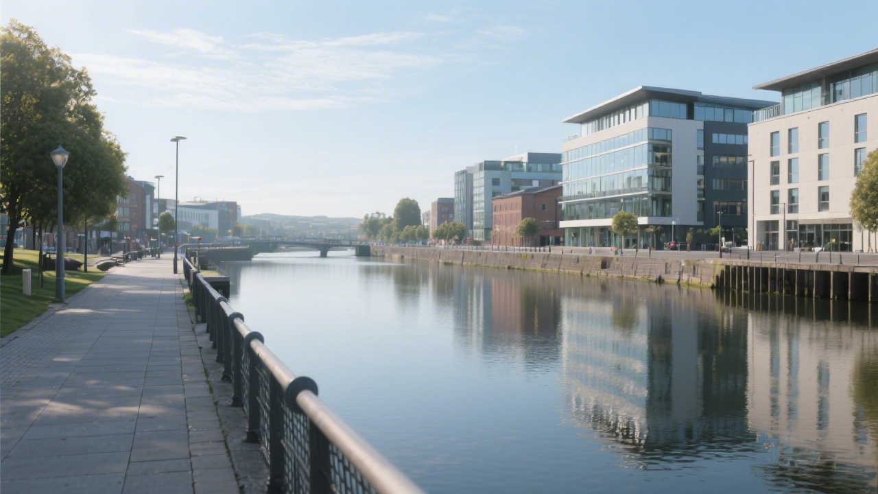 Calm riverside view near Bishop's Quay in Limerick, with modern buildings and a walkway, representing the local business environment.