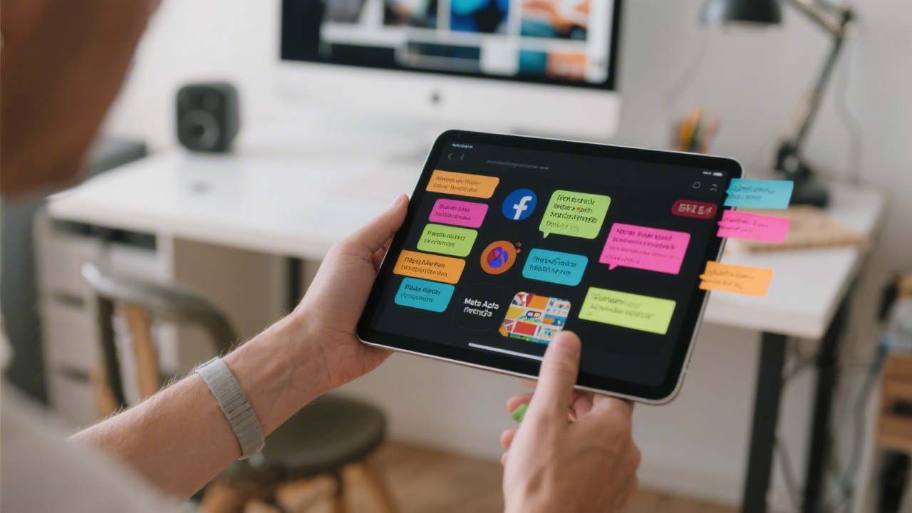 Designer reviewing Meta Ads creative variations on a tablet, with color-coded notes for headlines and call-to-action testing in a tidy studio workspace.
