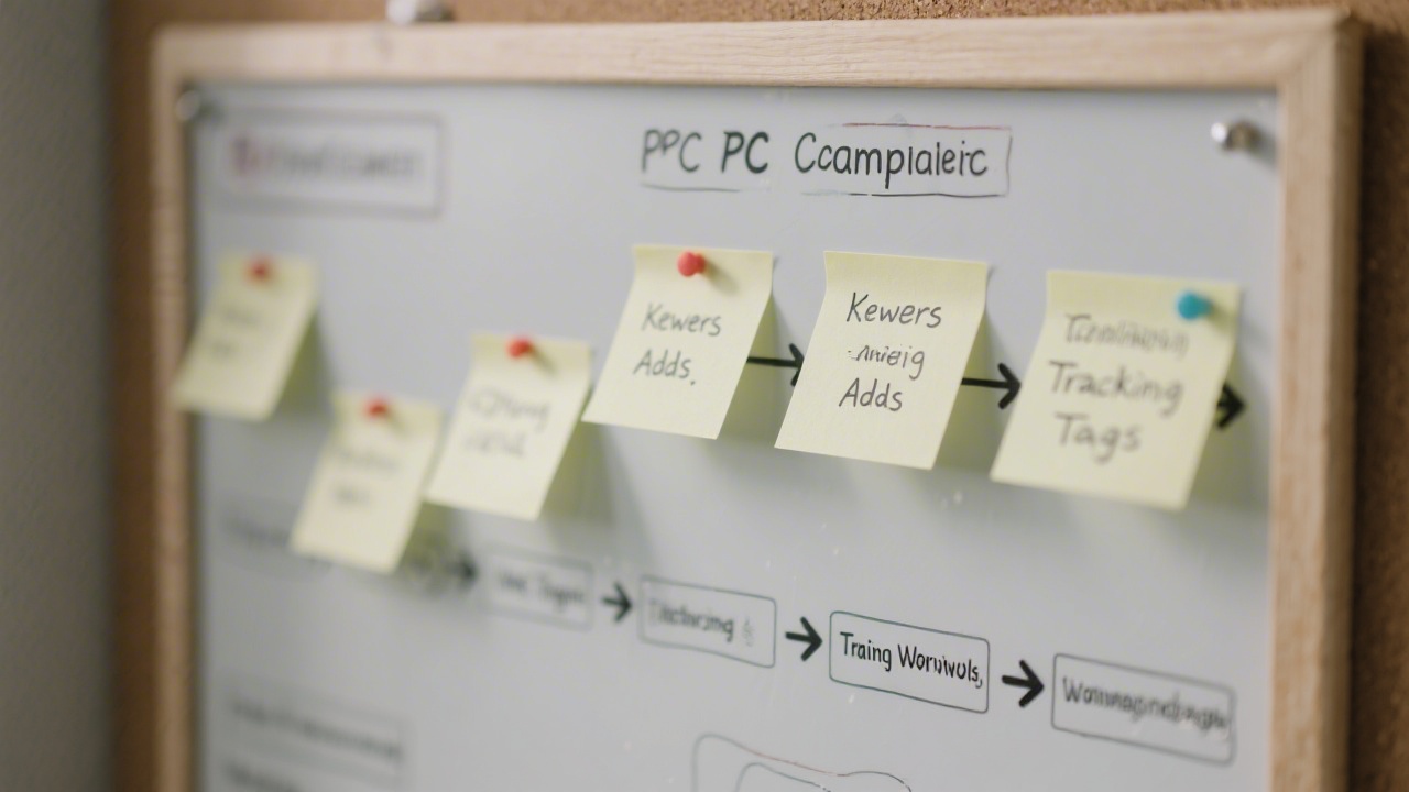Close-up of a project board with PPC campaign steps, clean sticky notes for keywords, ads, and tracking tags, showing a structured training workflow.